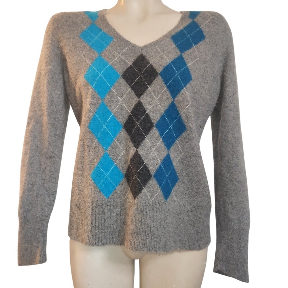 Apt 9 Womens XL 100% Cashmere Argyle V-Neck Sweater Grey Blue RN73277